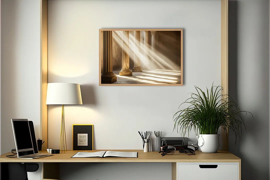 Metalen Magneetbord met hoogwaardige afbeelding van Zonnestralen door pilaren voor aan de muur