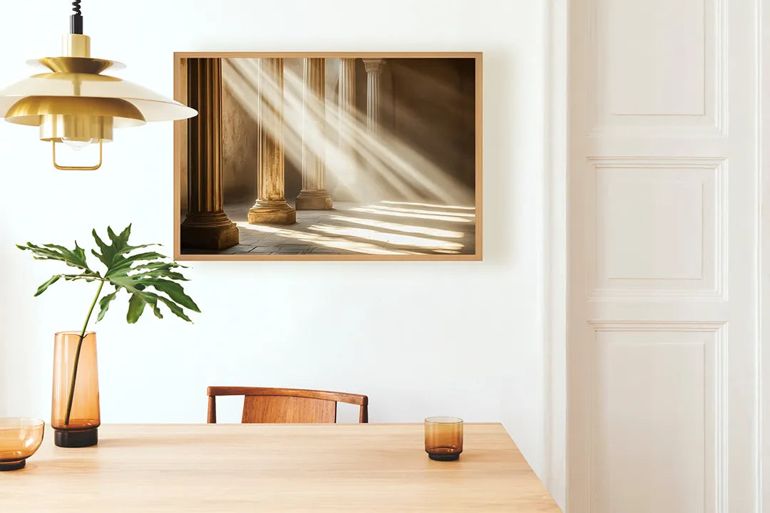 Metalen Magneetbord met hoogwaardige afbeelding van Zonnestralen door pilaren voor aan de muur