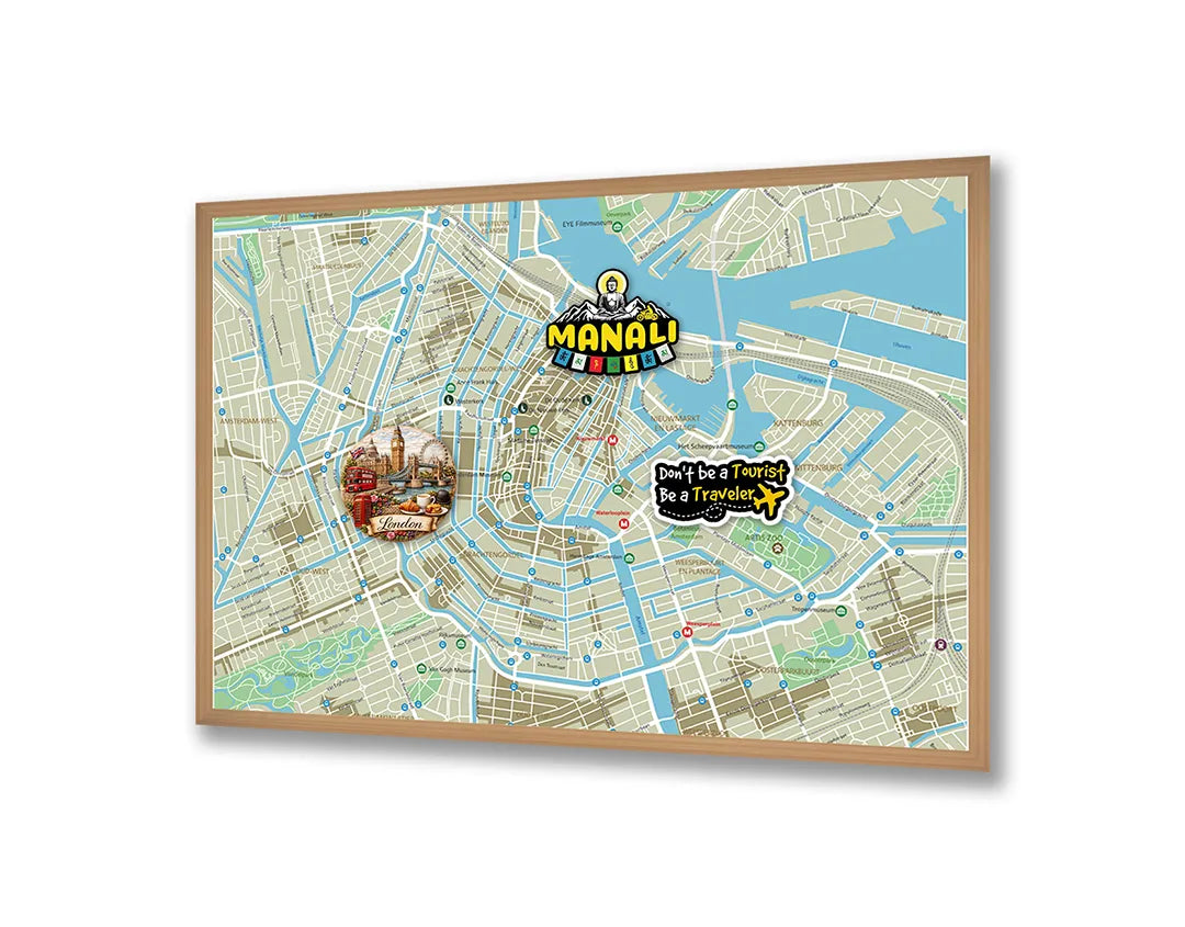 Metalen Magneetbord met afbeelding van gedetailleerde stadskaart van Amsterdam in lichte kaartkleuren kleuren