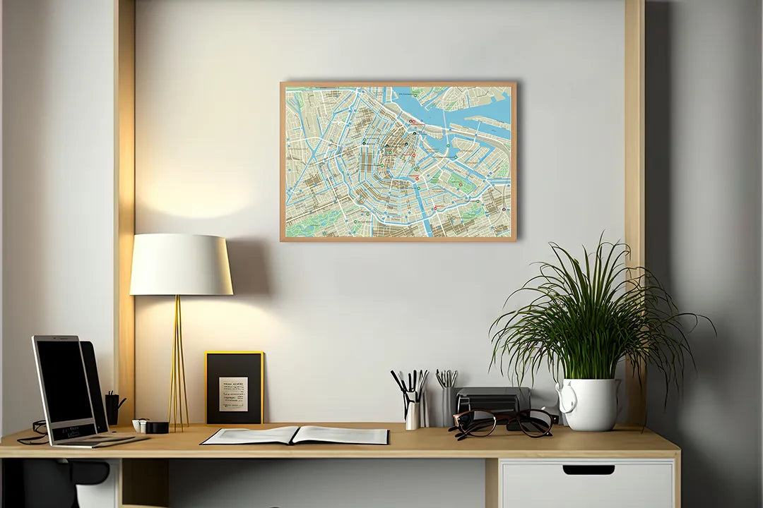 Metalen Magneetbord met afbeelding van gedetailleerde stadskaart van Amsterdam in lichte kaartkleuren kleuren