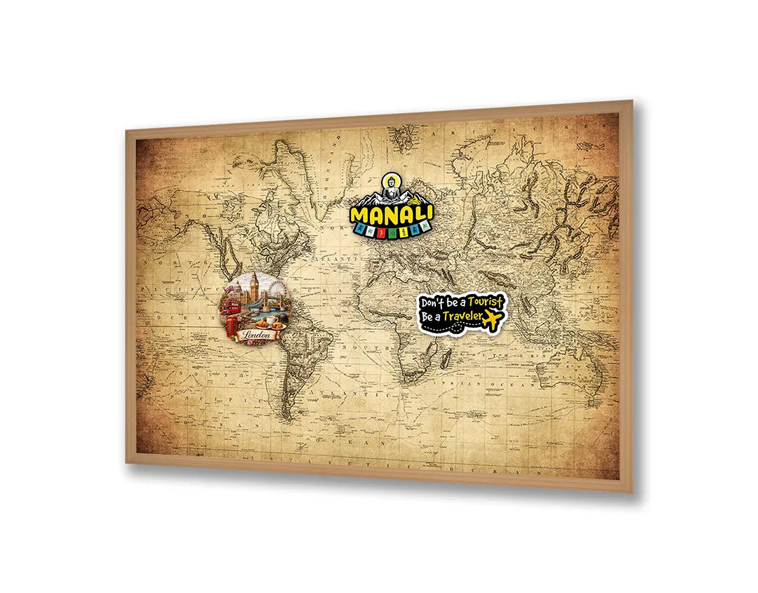 Metalen Magneetbord met afbeelding van oude wereldkaart met textuur in verweerd beige kleuren