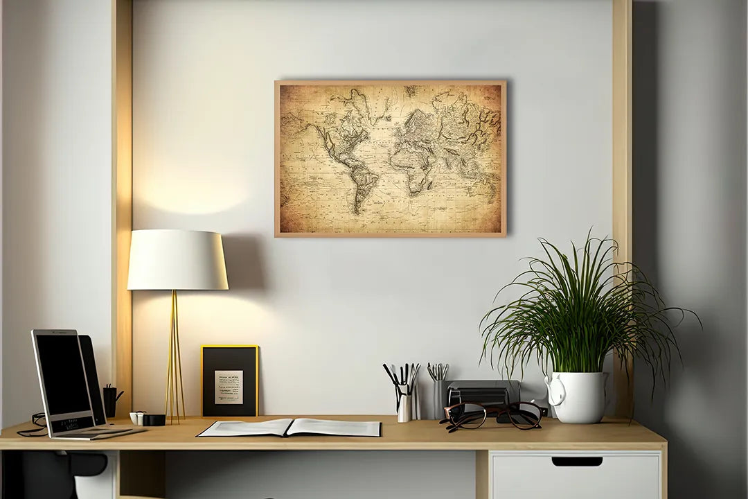 Metalen Magneetbord met afbeelding van oude wereldkaart met textuur in verweerd beige kleuren