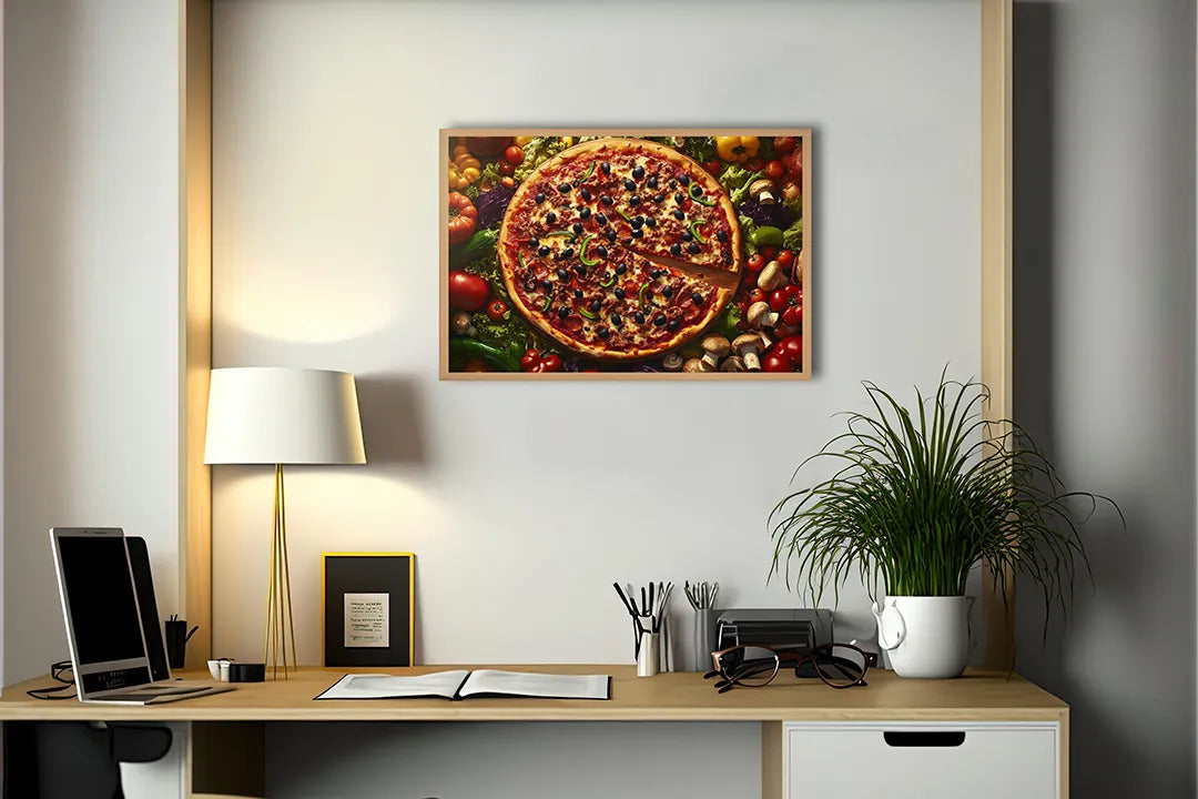 Metalen Magneetbord met hoogwaardige afbeelding van Pizza met groenten bovenaanzicht voor aan de muur