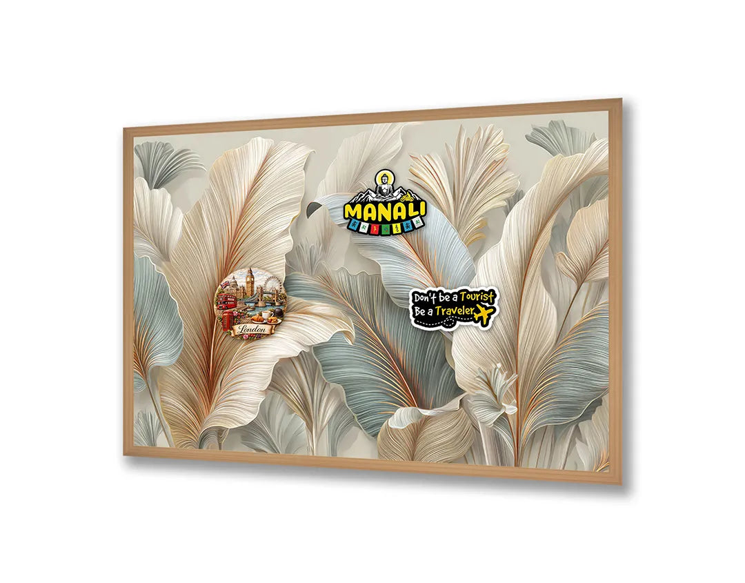 Metalen Magneetbord met hoogwaardige afbeelding van Grote veren bladeren 3D wit goud voor aan de muur