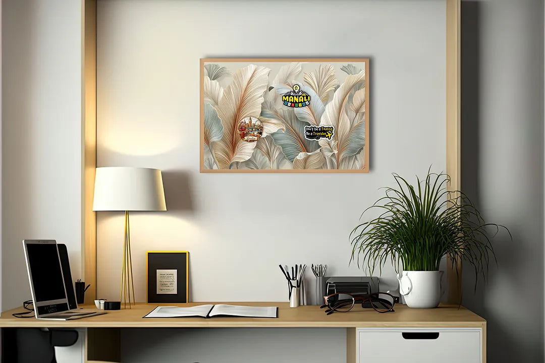 Metalen Magneetbord met hoogwaardige afbeelding van Grote veren bladeren 3D wit goud voor aan de muur