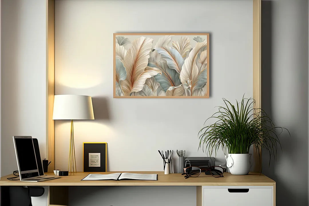 Metalen Magneetbord met hoogwaardige afbeelding van Grote veren bladeren 3D wit goud voor aan de muur