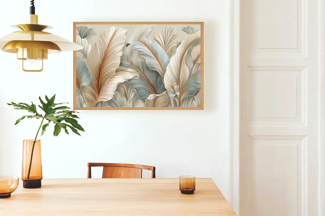 Metalen Magneetbord met hoogwaardige afbeelding van Grote veren bladeren 3D wit goud voor aan de muur