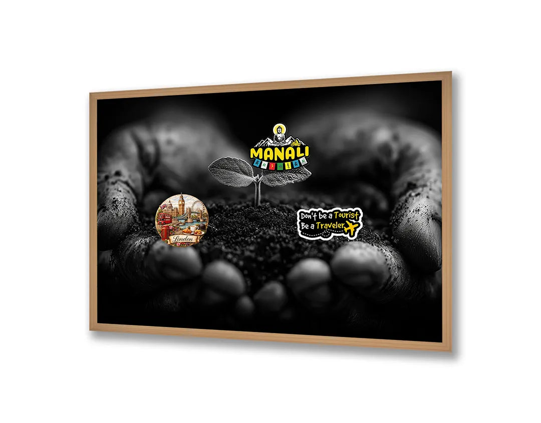Metalen Magneetbord met hoogwaardige afbeelding van Handen met aarde plantje zwart wit voor aan de muur
