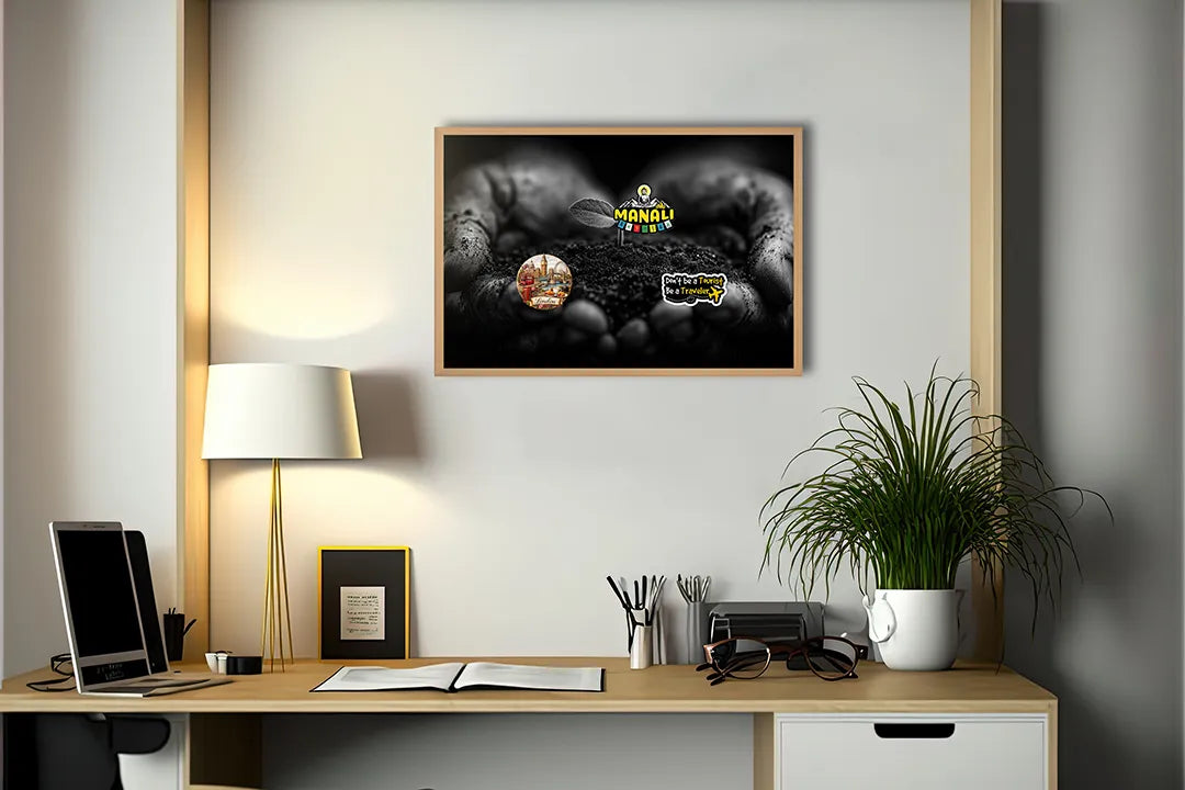 Metalen Magneetbord met hoogwaardige afbeelding van Handen met aarde plantje zwart wit voor aan de muur
