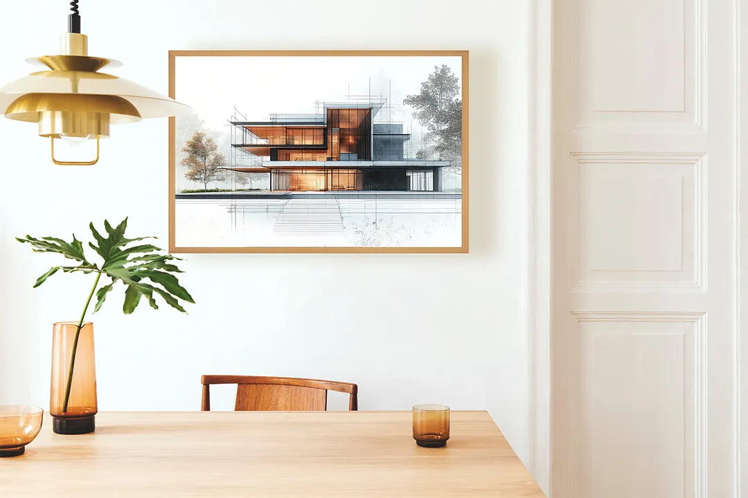 Metalen Magneetbord met hoogwaardige afbeelding van Modern huis architectuur waterkant voor aan de muur