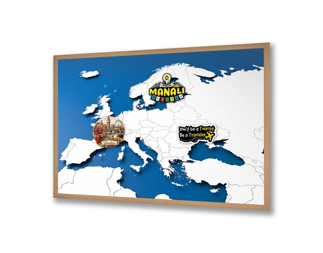 Metalen Magneetbord met afbeelding van blauw-witte Europa kaart in blauw en wit kleuren