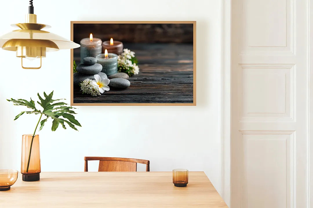 Metalen Magneetbord met hoogwaardige afbeelding van Spa stenen kaarsen orchidee voor aan de muur