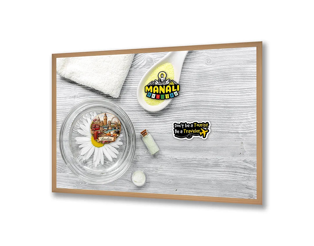Metalen Magneetbord met afbeelding van spa elementen met witte bloemen in fris wit kleuren