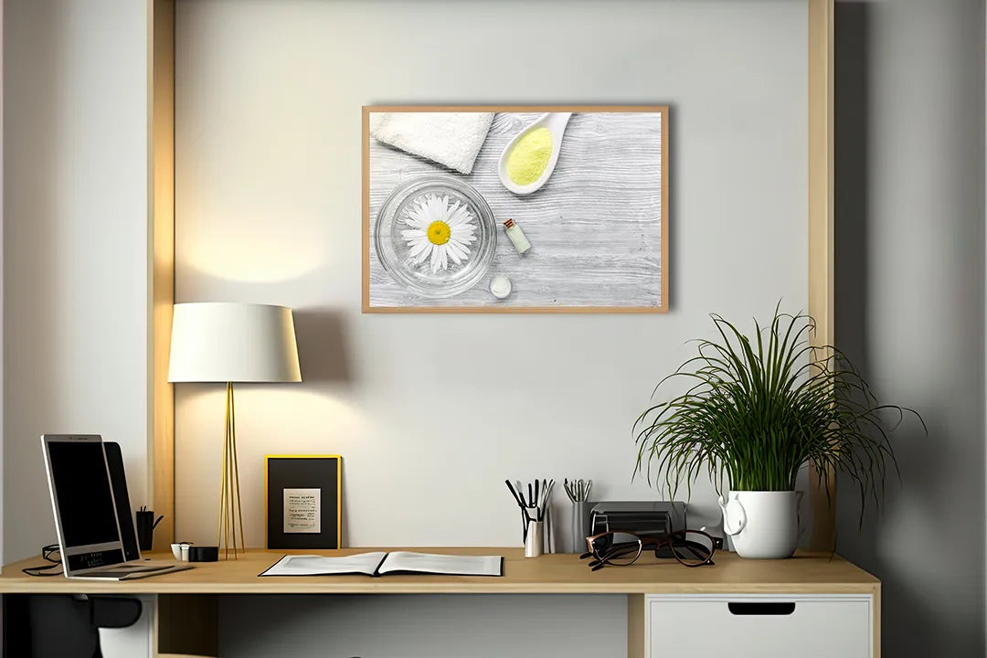 Metalen Magneetbord met afbeelding van spa elementen met witte bloemen in fris wit kleuren