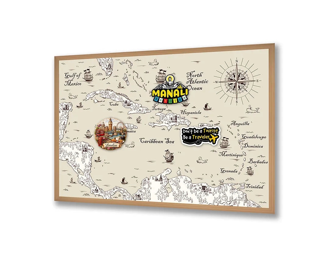 Metalen Magneetbord met afbeelding van nautische historische landkaart met schepen in klassiek perkament kleuren