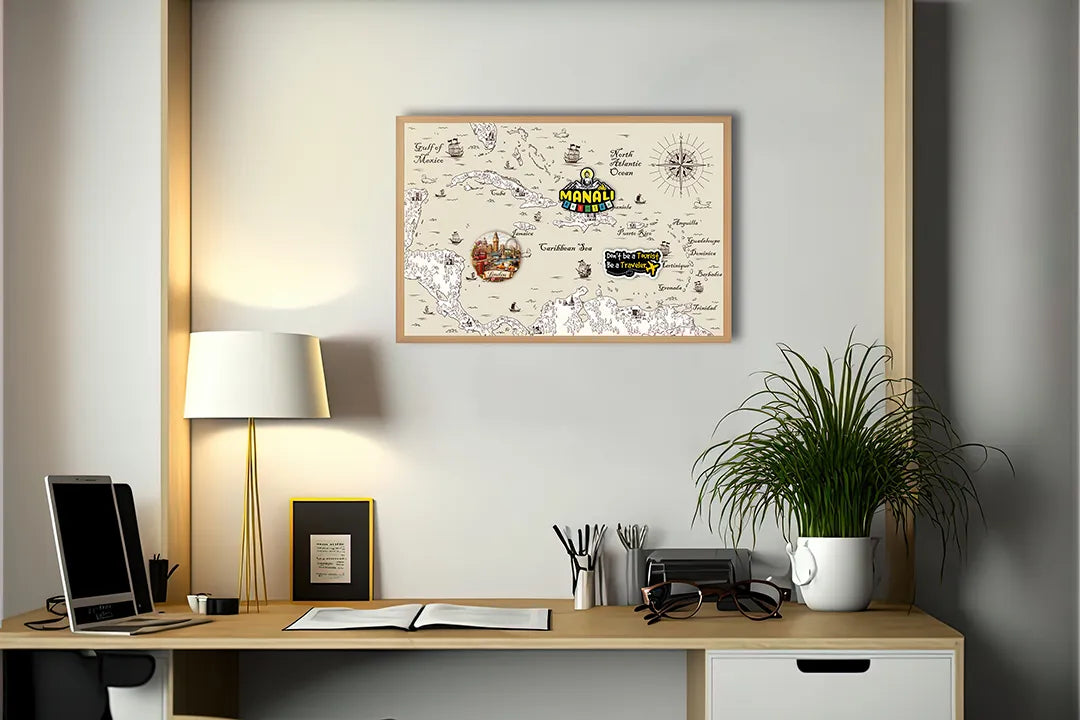 Metalen Magneetbord met afbeelding van nautische historische landkaart met schepen in klassiek perkament kleuren