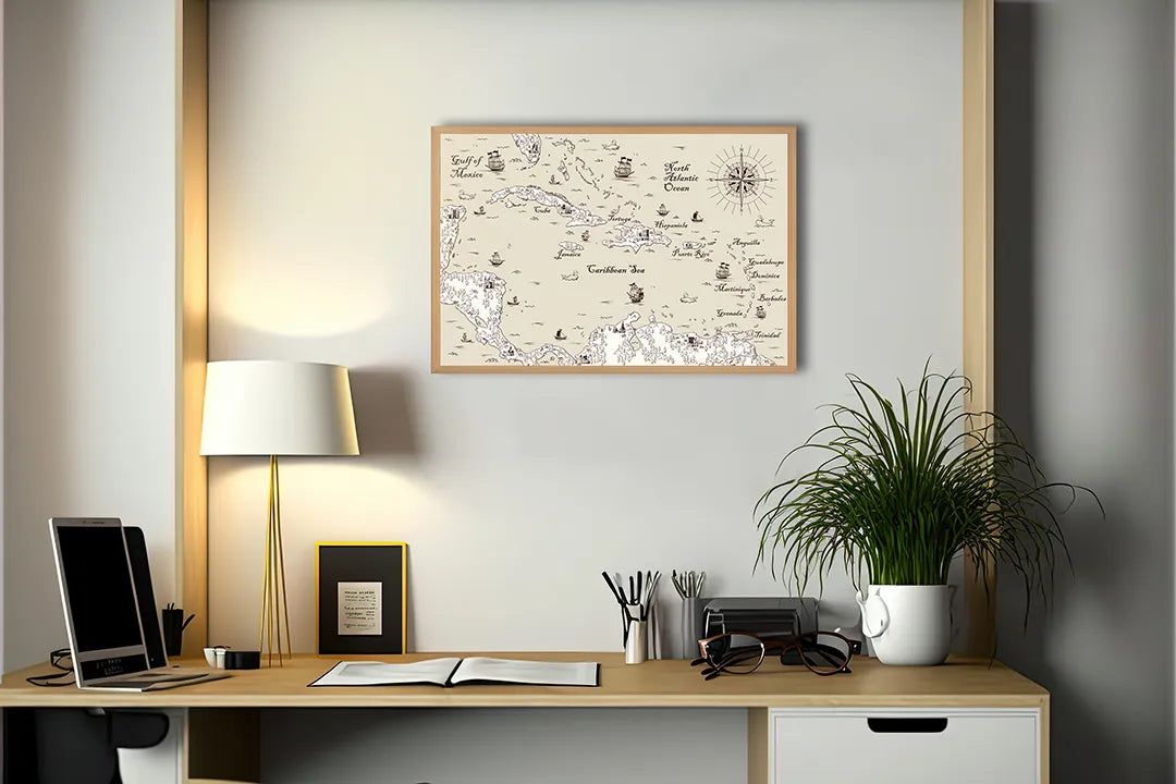 Metalen Magneetbord met afbeelding van nautische historische landkaart met schepen in klassiek perkament kleuren