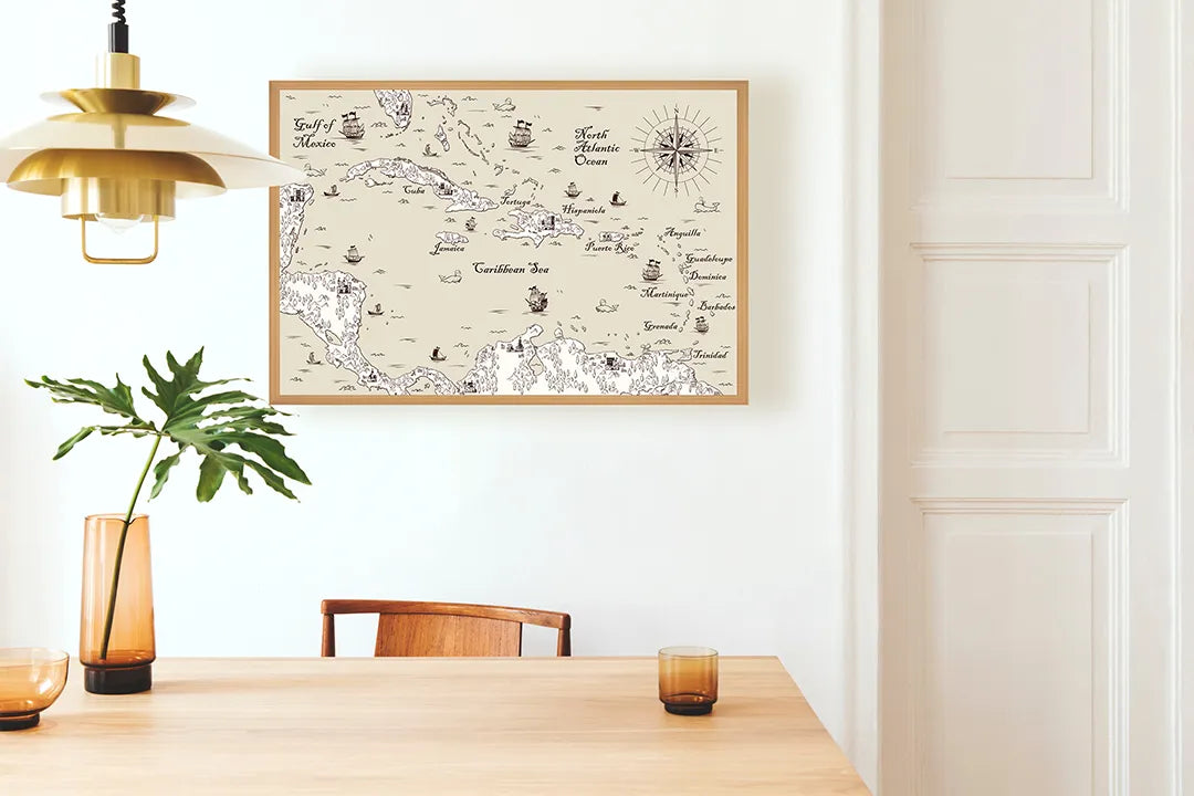 Metalen Magneetbord met afbeelding van nautische historische landkaart met schepen in klassiek perkament kleuren