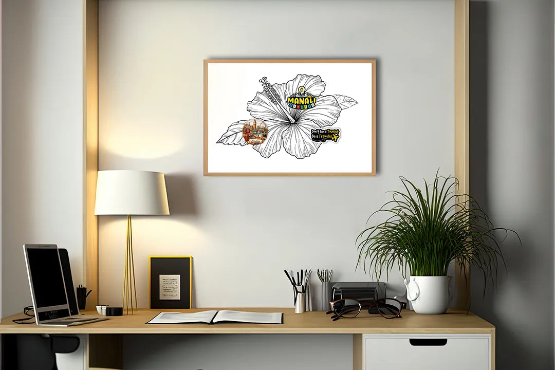 Metalen Magneetbord met hoogwaardige afbeelding van Hibiscus bloem lijntekening voor aan de muur