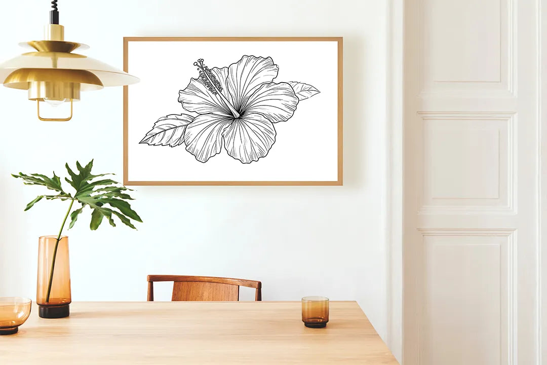 Metalen Magneetbord met hoogwaardige afbeelding van Hibiscus bloem lijntekening voor aan de muur