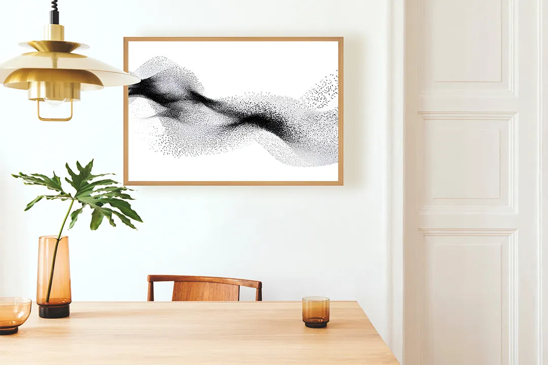 Metalen Magneetbord met hoogwaardige afbeelding van Zwarte golvende deeltjes wit voor aan de muur