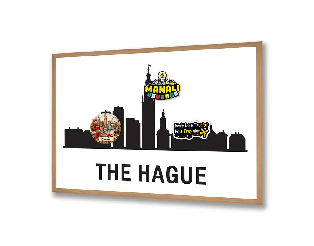 Metalen Magneetbord met hoogwaardige afbeelding van The Hague skyline zwart wit voor aan de muur