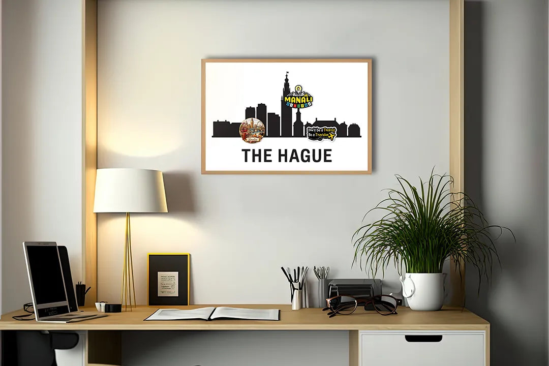 Metalen Magneetbord met hoogwaardige afbeelding van The Hague skyline zwart wit voor aan de muur