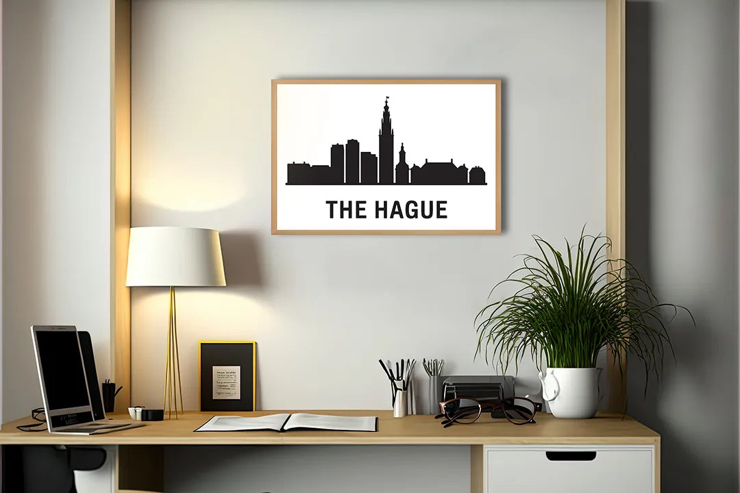 Metalen Magneetbord met hoogwaardige afbeelding van The Hague skyline zwart wit voor aan de muur