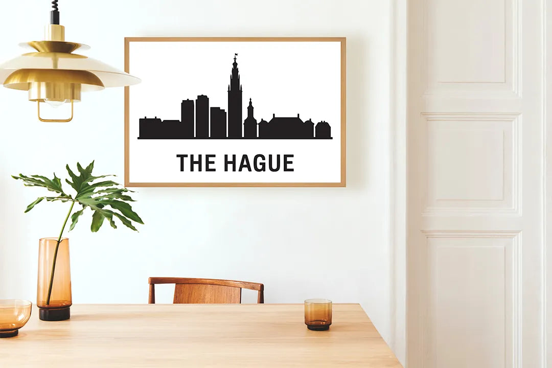 Metalen Magneetbord met hoogwaardige afbeelding van The Hague skyline zwart wit voor aan de muur