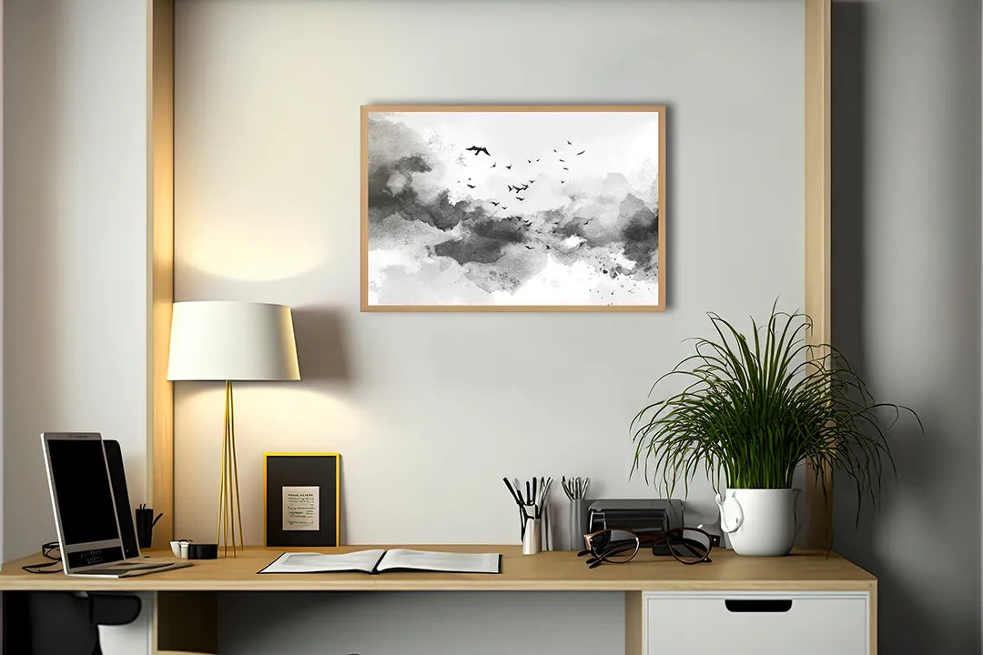 Metalen Magneetbord met hoogwaardige afbeelding van Abstracte wolken verf zwart wit voor aan de muur