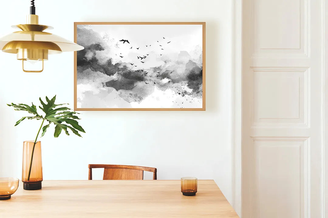 Metalen Magneetbord met hoogwaardige afbeelding van Abstracte wolken verf zwart wit voor aan de muur