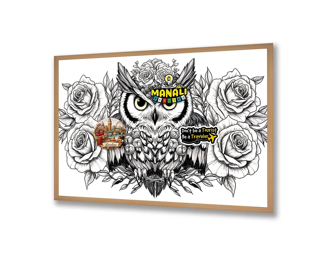 Metalen Magneetbord met hoogwaardige afbeelding van Uil illustratie met bloemen voor aan de muur