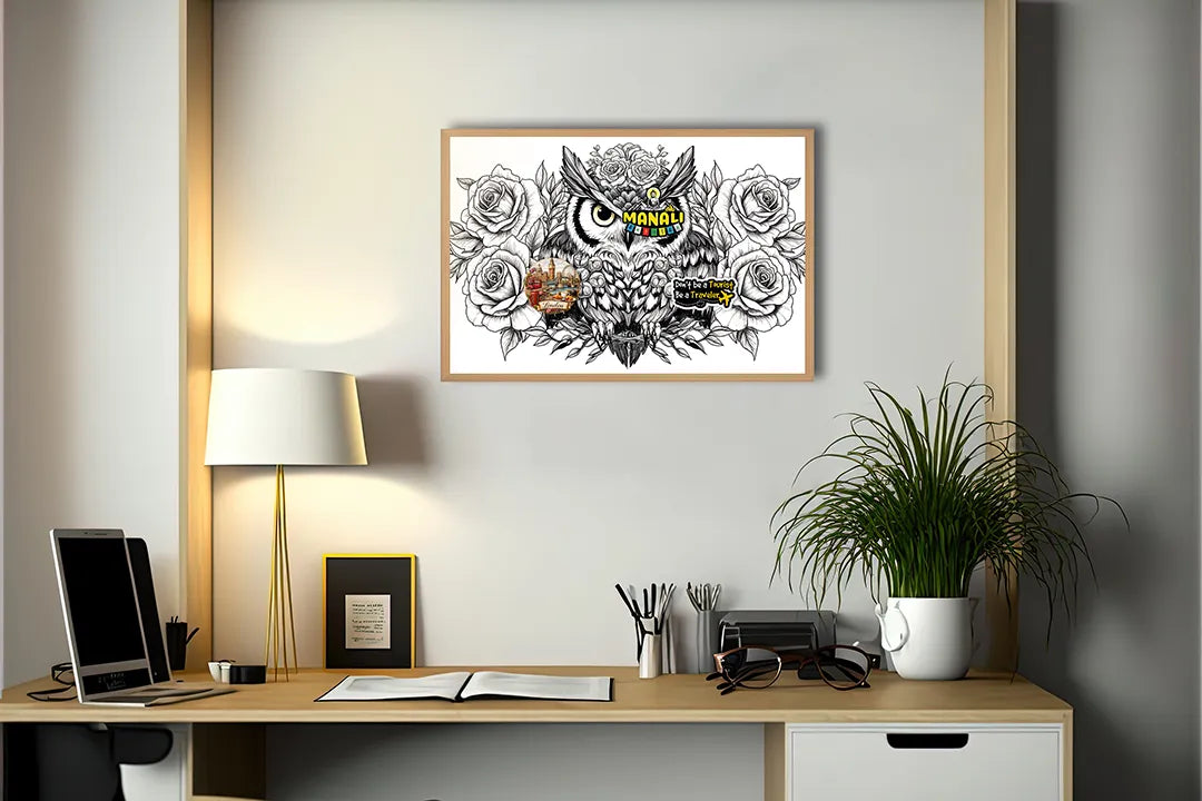 Metalen Magneetbord met hoogwaardige afbeelding van Uil illustratie met bloemen voor aan de muur