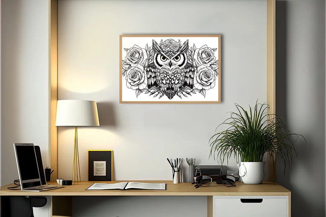 Metalen Magneetbord met hoogwaardige afbeelding van Uil illustratie met bloemen voor aan de muur