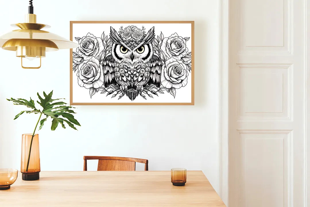 Metalen Magneetbord met hoogwaardige afbeelding van Uil illustratie met bloemen voor aan de muur