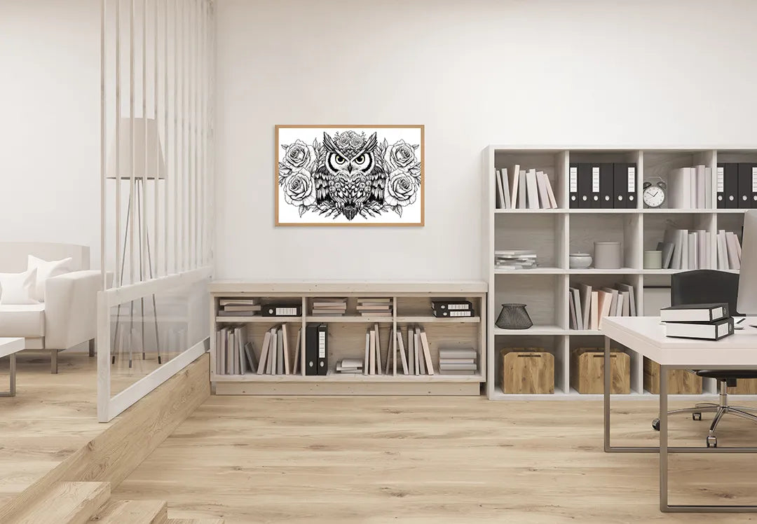 Metalen Magneetbord met hoogwaardige afbeelding van Uil illustratie met bloemen voor aan de muur