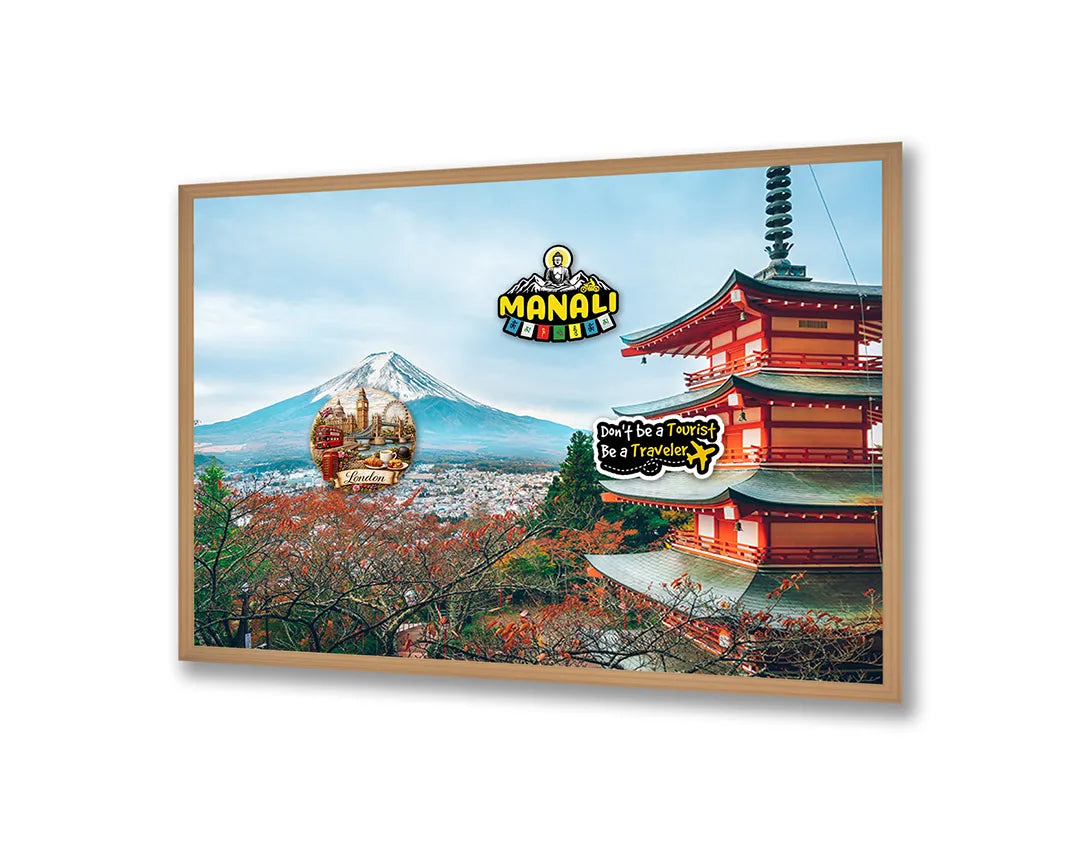 Metalen Magneetbord met afbeelding van Mount Fuji en pagode in de herfst in rood en blauw kleuren