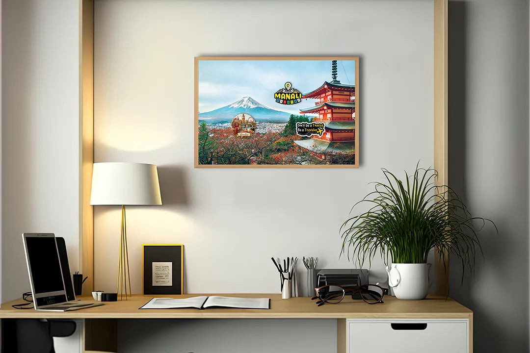 Metalen Magneetbord met afbeelding van Mount Fuji en pagode in de herfst in rood en blauw kleuren