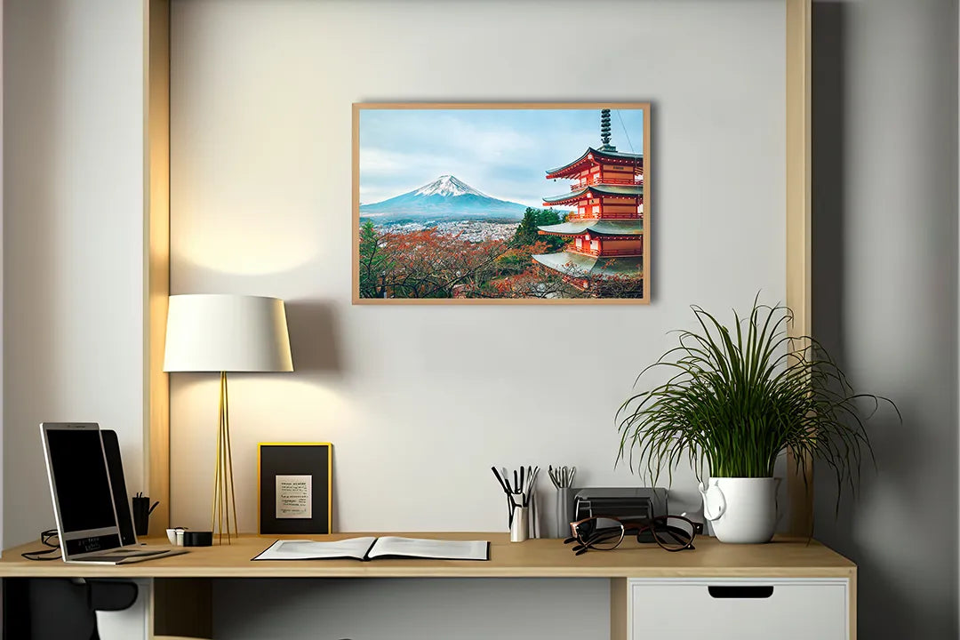 Metalen Magneetbord met afbeelding van Mount Fuji en pagode in de herfst in rood en blauw kleuren