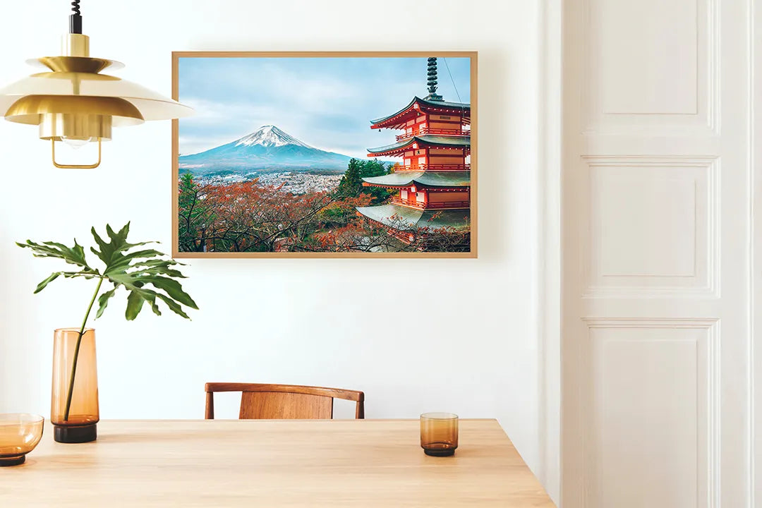 Metalen Magneetbord met afbeelding van Mount Fuji en pagode in de herfst in rood en blauw kleuren