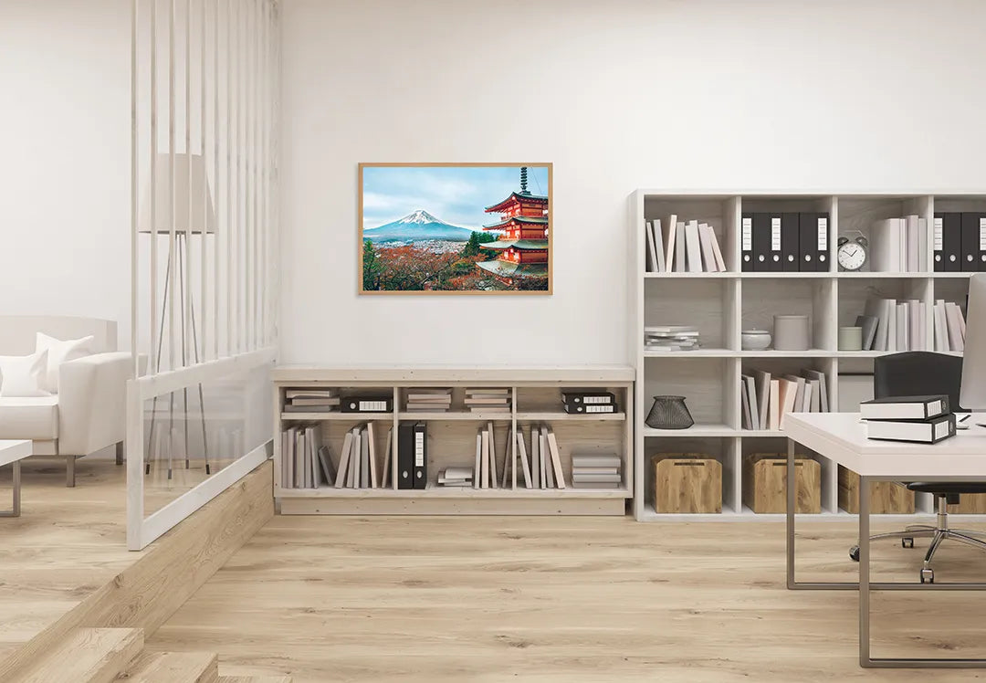 Metalen Magneetbord met afbeelding van Mount Fuji en pagode in de herfst in rood en blauw kleuren