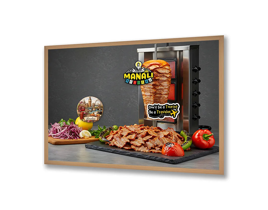 Metalen Magneetbord met hoogwaardige afbeelding van Kebab vlees spies roterend voor aan de muur
