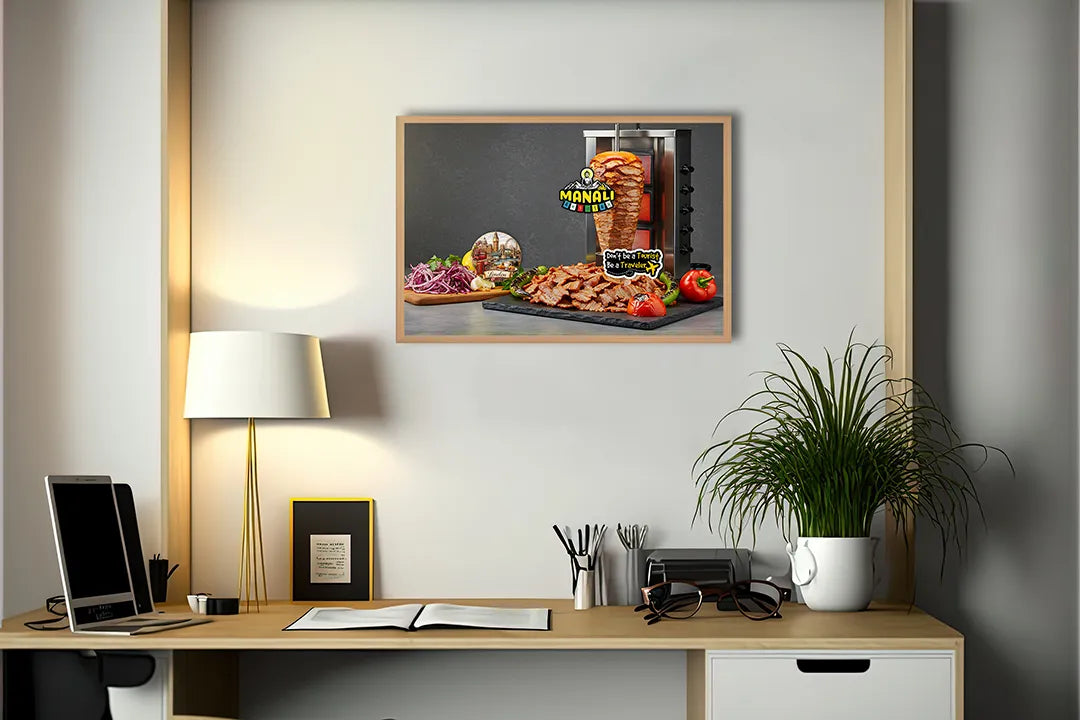 Metalen Magneetbord met hoogwaardige afbeelding van Kebab vlees spies roterend voor aan de muur