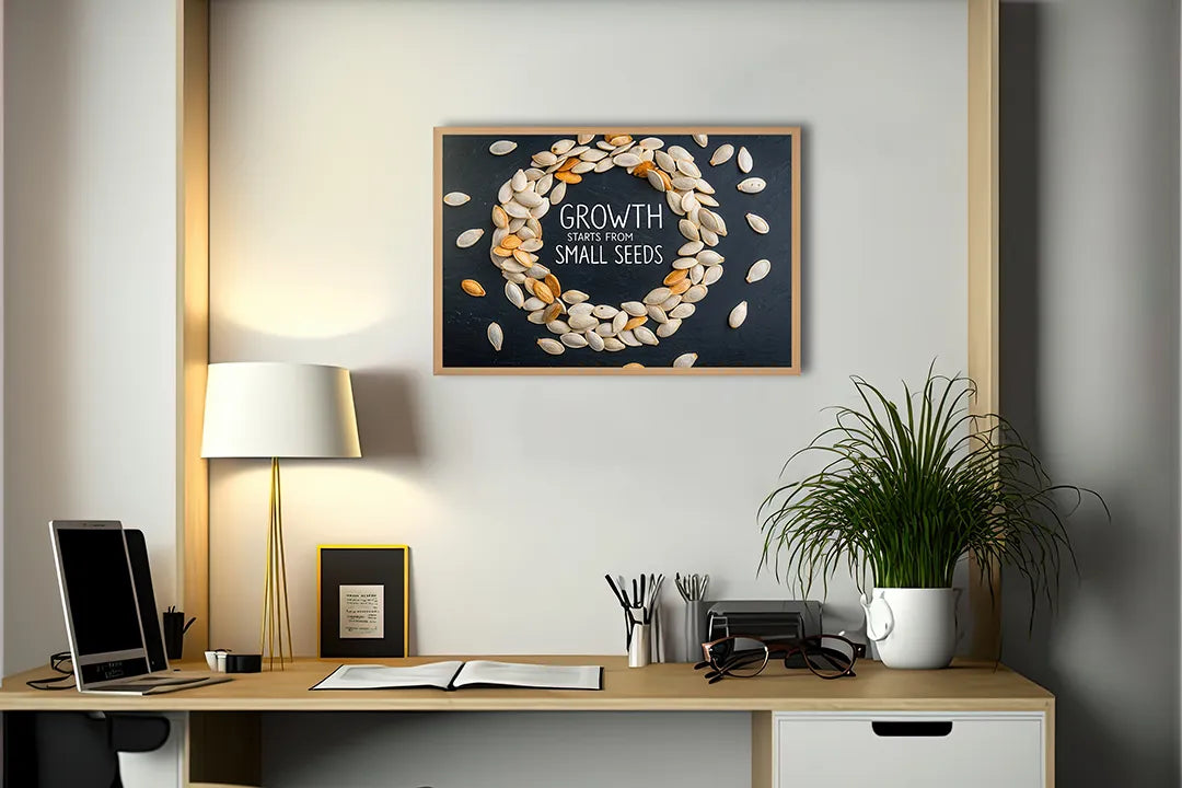 Metalen Magneetbord met hoogwaardige afbeelding van Growth starts with small seeds voor aan de muur