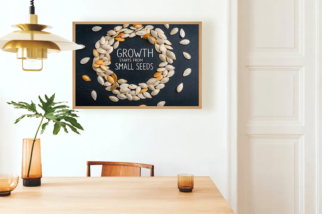 Metalen Magneetbord met hoogwaardige afbeelding van Growth starts with small seeds voor aan de muur