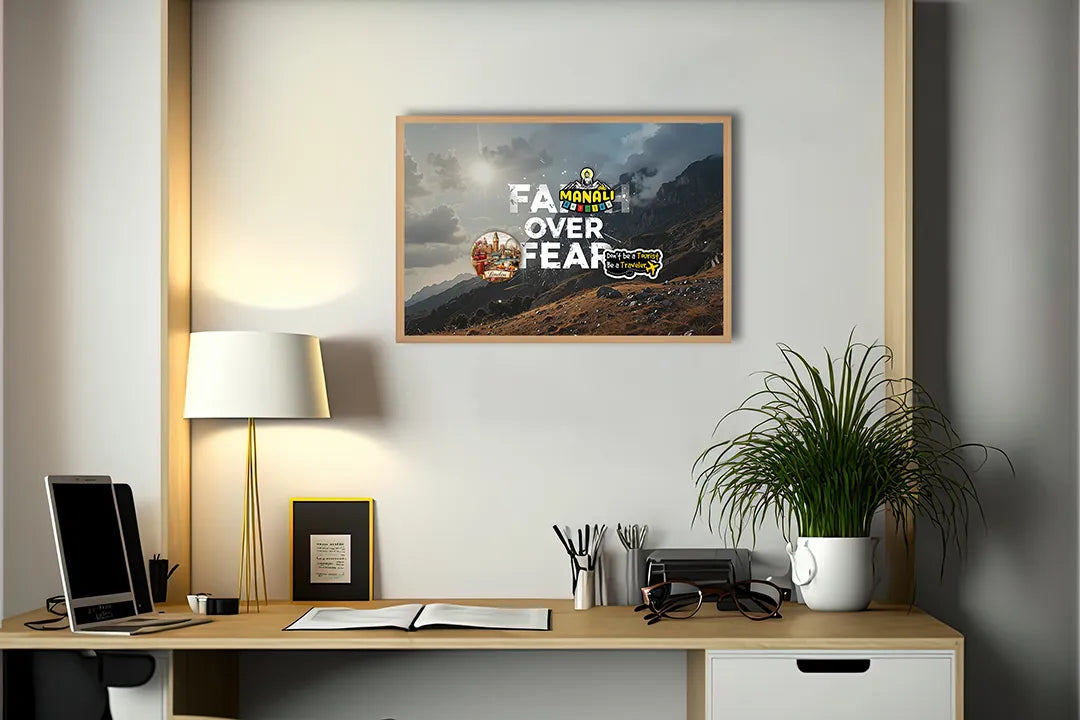 Metalen Magneetbord met hoogwaardige afbeelding van Faith over fear bergen landschap voor aan de muur