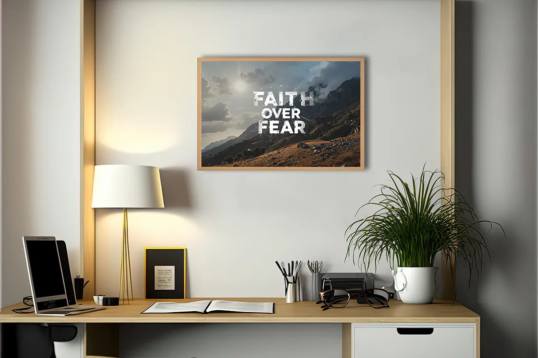 Metalen Magneetbord met hoogwaardige afbeelding van Faith over fear bergen landschap voor aan de muur