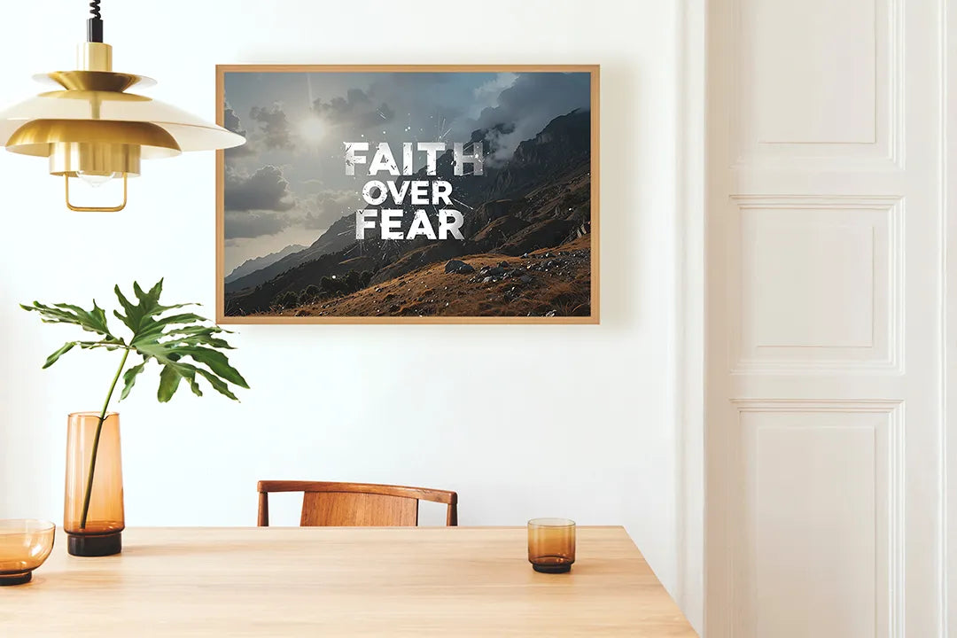 Metalen Magneetbord met hoogwaardige afbeelding van Faith over fear bergen landschap voor aan de muur