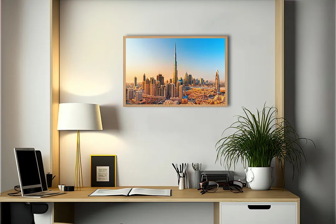 Metalen Magneetbord met afbeelding van Dubai skyline bij zonsondergang in warm goud kleuren