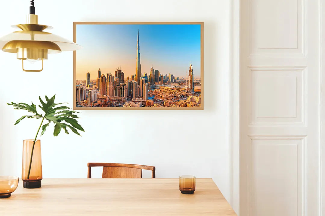Metalen Magneetbord met afbeelding van Dubai skyline bij zonsondergang in warm goud kleuren